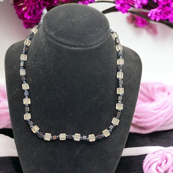 Unisex Natural Clear Quartz Cubes & Silver Spacers 17 Inch Necklace! - Picture 1 of 6